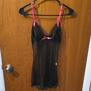 Black Sheer Babydoll Chemise Lingerie - Pink Strap & Bow Accents